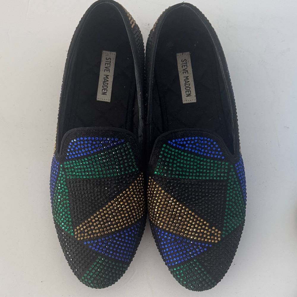 Steve Madden Black and Multicolor Rhinestone Loafers